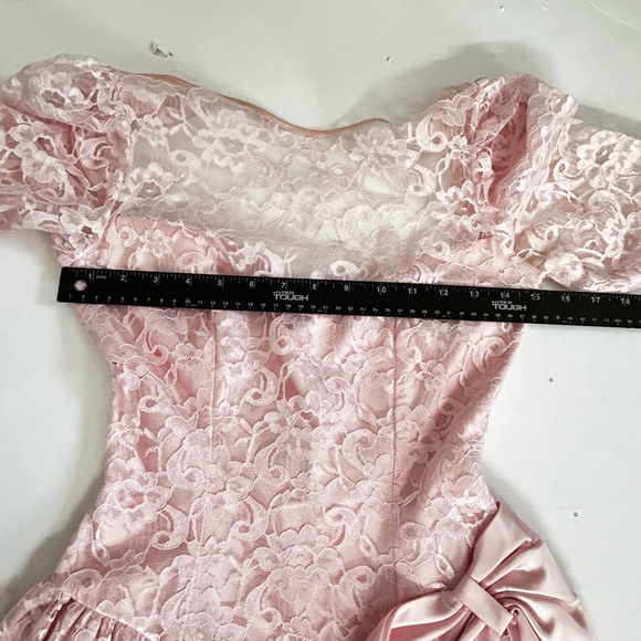 Vtg Alfred Angelo Party Dress Lace Pink Big Bow Puff Sleeve Back Open Womens S/M - Picture 5 of 15